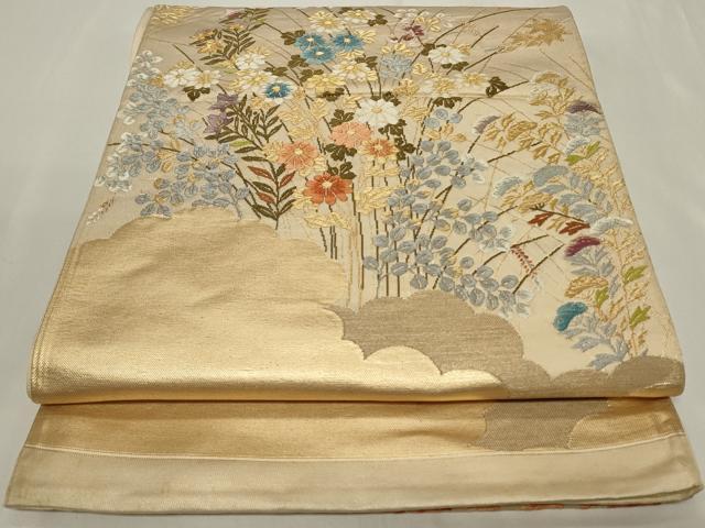 平和屋着物◎六通柄袋帯　唐織　雲取り草花文　金糸　正絹　逸品　CAAY8877in