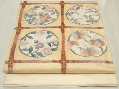 平和屋着物◎太鼓柄袋帯　すくい織　天井草花丸文　正絹　逸品　CAAY8903in
