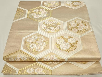 平和屋着物◎六通柄袋帯　唐織　亀甲草花丸文　金糸　正絹　逸品　CAAY8912in