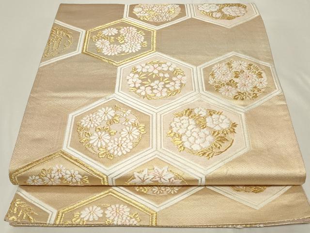 平和屋着物◎六通柄袋帯　唐織　亀甲草花丸文　金糸　正絹　逸品　CAAY8912in