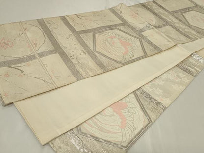 平和屋着物◎六通柄袋帯 亀甲鳳凰花文 銀糸 正絹 逸品 CAAY8922in