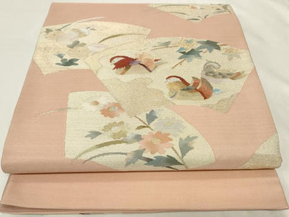 平和屋着物◎太鼓柄袋帯 すくい織 扇面鴛鴦花文 金銀糸 正絹 逸品 CAAY8939in