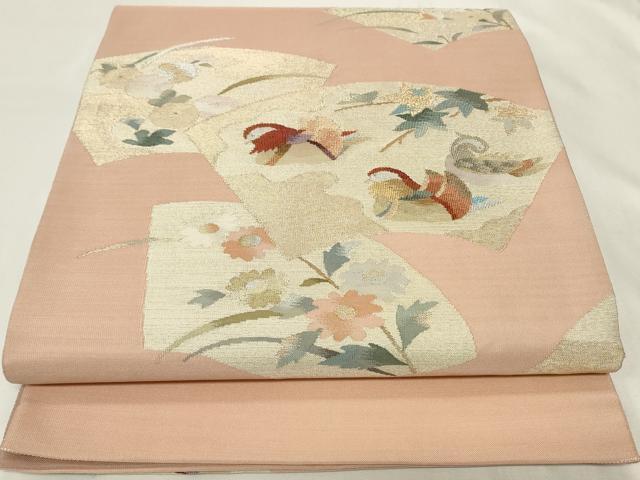 平和屋着物◎太鼓柄袋帯 すくい織 扇面鴛鴦花文 金銀糸 正絹 逸品 CAAY8939in