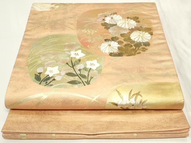 平和屋着物◎太鼓柄袋帯　駒刺繍　草花文　金銀彩　引箔　正絹　逸品　CAAY8961in