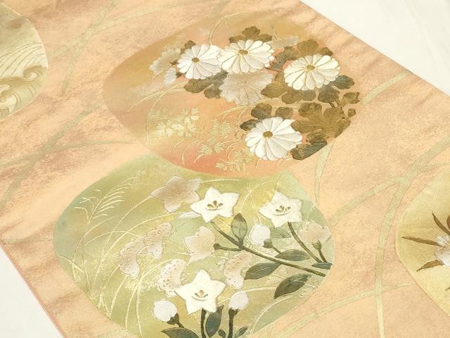 平和屋着物◎太鼓柄袋帯　駒刺繍　草花文　金銀彩　引箔　正絹　逸品　CAAY8961in