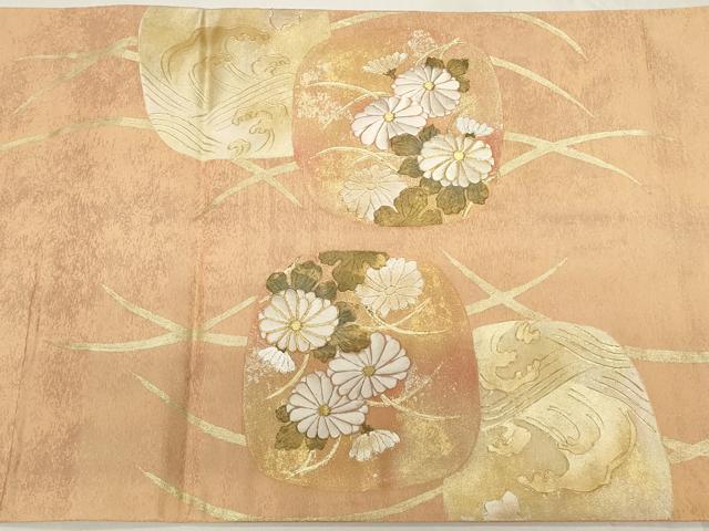 平和屋着物◎太鼓柄袋帯　駒刺繍　草花文　金銀彩　引箔　正絹　逸品　CAAY8961in