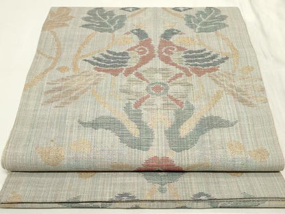 平和屋着物◎六通柄袋帯 紬地 双鳥草花文 金糸 正絹 逸品 CAAY8969in