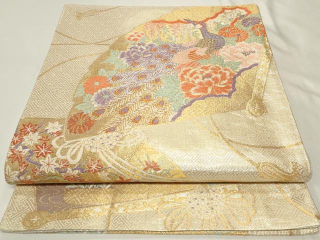 平和屋着物◎佐賀錦 六通柄袋帯 寿宝 九百錦 扇面孔雀花文 金糸 正絹 逸品 CAAY8982in