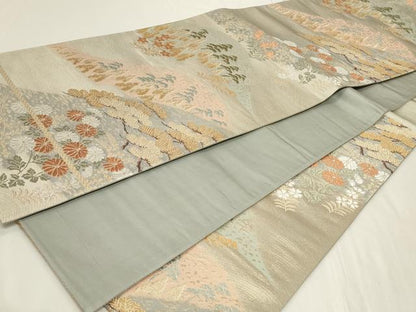 平和屋着物◎六通柄袋帯　遠山草花文　金糸　正絹　逸品　CAAY9011in