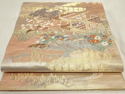平和屋着物◎六通柄袋帯　唐織　風景草花文　金糸　正絹　逸品　CAAY9014in
