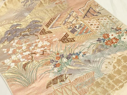 平和屋着物◎六通柄袋帯　唐織　風景草花文　金糸　正絹　逸品　CAAY9014in
