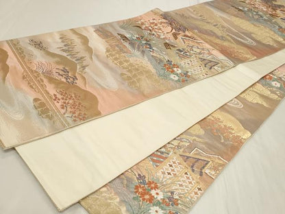 平和屋着物◎六通柄袋帯　唐織　風景草花文　金糸　正絹　逸品　CAAY9014in