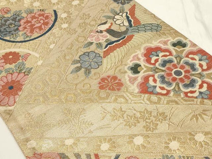 平和屋着物◎佐賀錦　六通柄袋帯　正倉院花鳥丸文　金糸　正絹　逸品　CAAY9036in