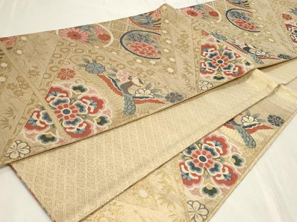 平和屋着物◎佐賀錦　六通柄袋帯　正倉院花鳥丸文　金糸　正絹　逸品　CAAY9036in