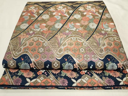平和屋着物◎六通柄袋帯　唐織　遠山亀甲花鳥文　金糸　正絹　逸品　CAAY9043in