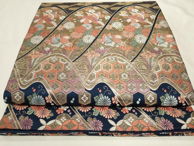 平和屋着物◎六通柄袋帯　唐織　遠山亀甲花鳥文　金糸　正絹　逸品　CAAY9043in