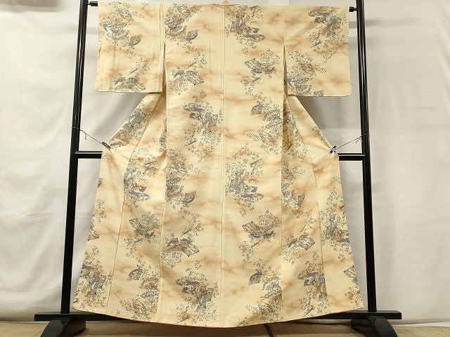 平和屋着物■上質な紬　扇面吉祥花文　暈し染め　正絹　逸品　CAAY9051in