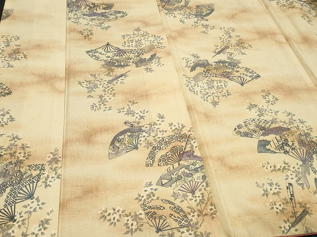 平和屋着物■上質な紬　扇面吉祥花文　暈し染め　正絹　逸品　CAAY9051in