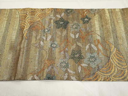 平和屋着物▽スリーシーズン 春夏秋 太鼓柄袋帯 吉祥花文 金糸 正絹 逸品 CAAY9232yk