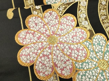 平和屋着物●六通柄袋帯　立波舞花文　黒地　金糸　正絹　逸品　CAAY9266yk