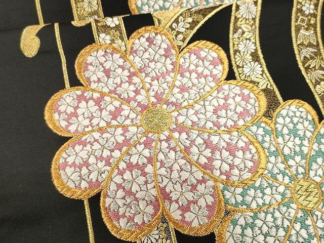 平和屋着物●六通柄袋帯　立波舞花文　黒地　金糸　正絹　逸品　CAAY9266yk