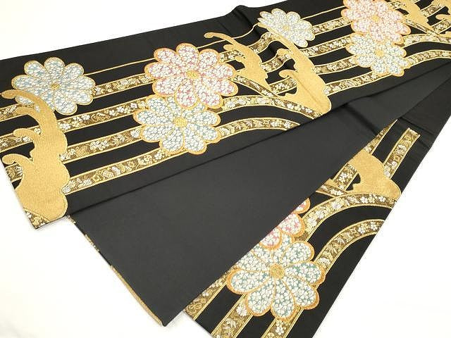 平和屋着物●六通柄袋帯　立波舞花文　黒地　金糸　正絹　逸品　CAAY9266yk