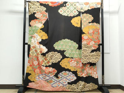 平和屋着物●セミアンティーク 豪華振袖 雲重ね花文 黒地 金彩 伊勢丹扱い 正絹 逸品 CAAY9544th