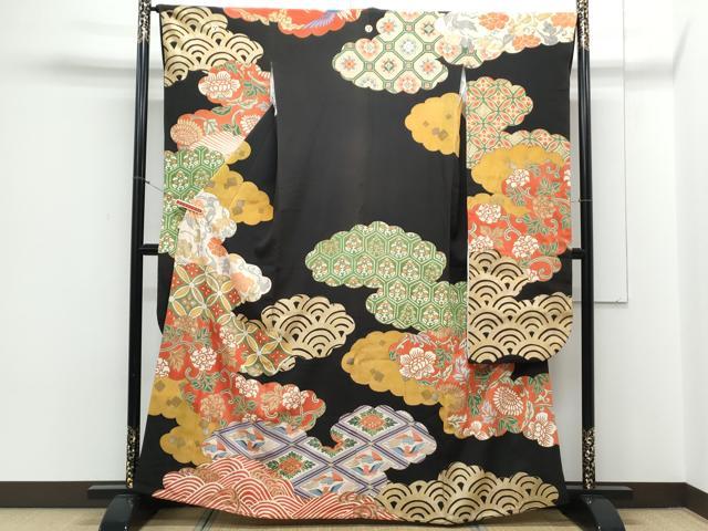 平和屋着物●セミアンティーク 豪華振袖 雲重ね花文 黒地 金彩 伊勢丹扱い 正絹 逸品 CAAY9544th