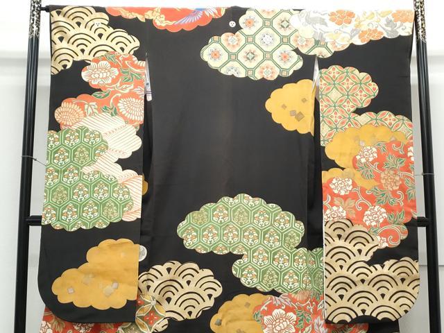 平和屋着物●セミアンティーク 豪華振袖 雲重ね花文 黒地 金彩 伊勢丹扱い 正絹 逸品 CAAY9544th