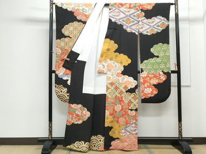 平和屋着物●セミアンティーク 豪華振袖 雲重ね花文 黒地 金彩 伊勢丹扱い 正絹 逸品 CAAY9544th