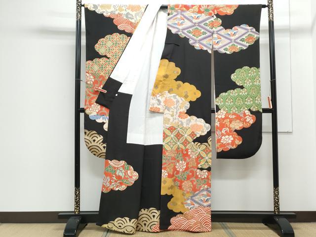 平和屋着物●セミアンティーク 豪華振袖 雲重ね花文 黒地 金彩 伊勢丹扱い 正絹 逸品 CAAY9544th