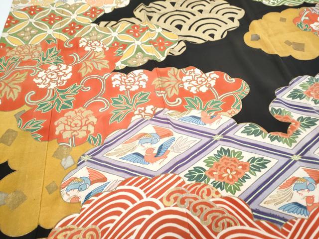 平和屋着物●セミアンティーク 豪華振袖 雲重ね花文 黒地 金彩 伊勢丹扱い 正絹 逸品 CAAY9544th