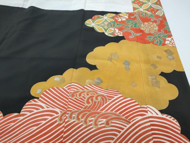平和屋着物●セミアンティーク 豪華振袖 雲重ね花文 黒地 金彩 伊勢丹扱い 正絹 逸品 CAAY9544th