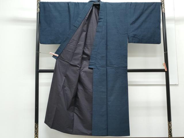 平和屋着物●男性 紬 髭紬羽織セット 色無地 濃藍色 正絹 逸品 CAAY9560th