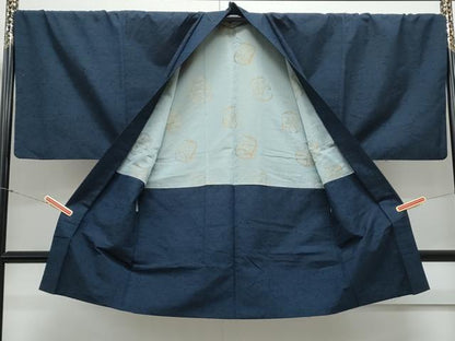 平和屋着物●男性 紬 髭紬羽織セット 色無地 濃藍色 正絹 逸品 CAAY9560th