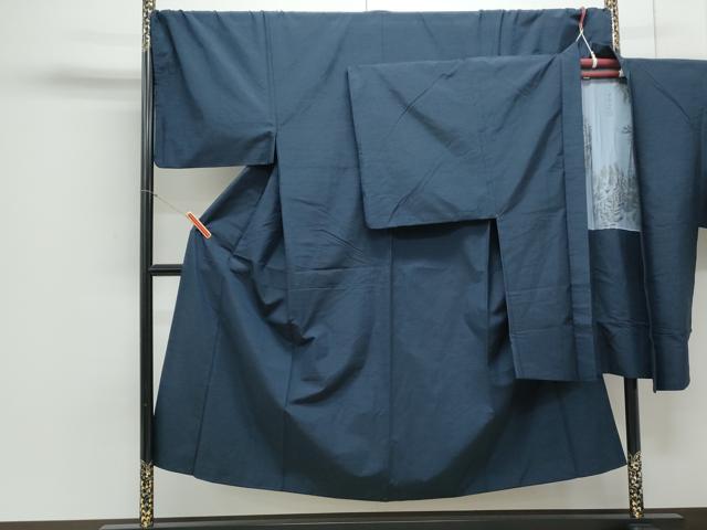 平和屋着物●男性 紬 アンサンブル 色無地 濃藍色 正絹 逸品 CAAY9562th