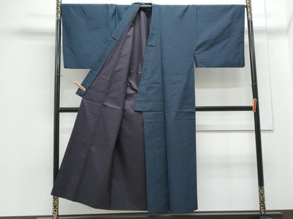 平和屋着物●男性 紬 アンサンブル 色無地 濃藍色 正絹 逸品 CAAY9562th