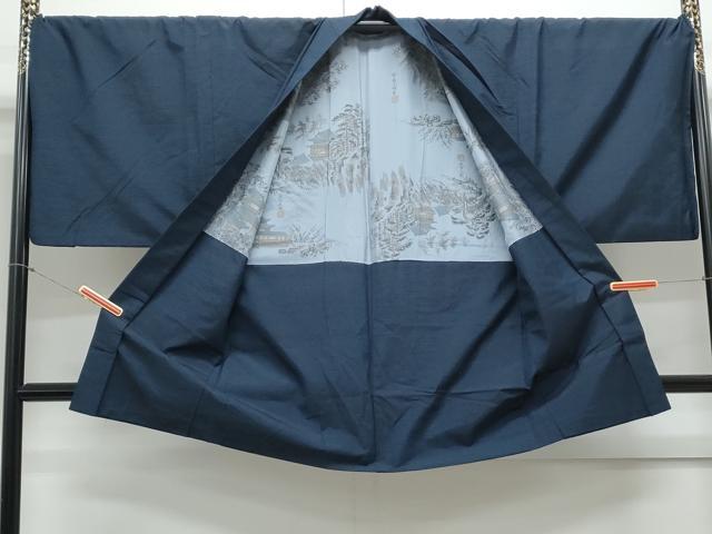 平和屋着物●男性 紬 アンサンブル 色無地 濃藍色 正絹 逸品 CAAY9562th
