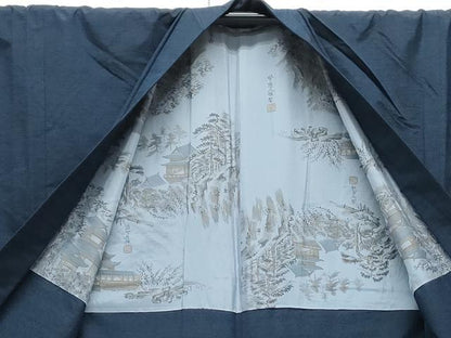 平和屋着物●男性 紬 アンサンブル 色無地 濃藍色 正絹 逸品 CAAY9562th