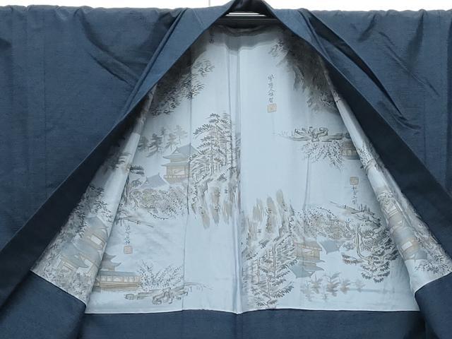 平和屋着物●男性 紬 アンサンブル 色無地 濃藍色 正絹 逸品 CAAY9562th