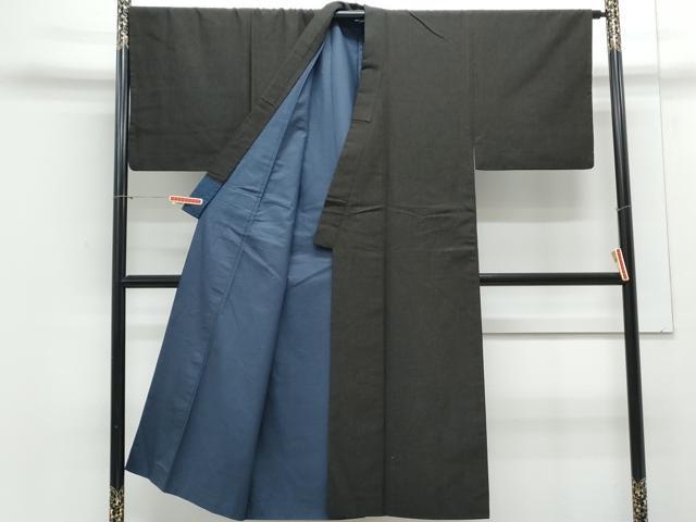 平和屋着物●男性　紬　アンサンブル　色無地　暗黒色　正絹　逸品　CAAY9566th