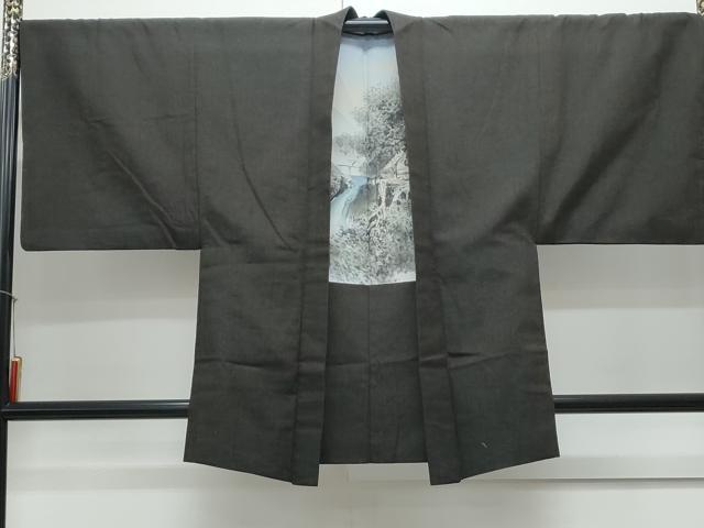 平和屋着物●男性　紬　アンサンブル　色無地　暗黒色　正絹　逸品　CAAY9566th