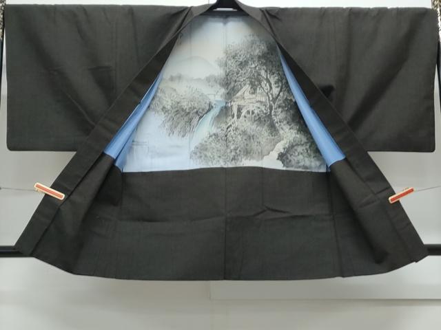 平和屋着物●男性　紬　アンサンブル　色無地　暗黒色　正絹　逸品　CAAY9566th