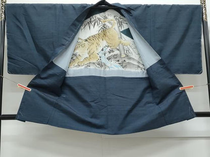 平和屋着物●男性 紬 アンサンブル 色無地 濃藍色 正絹 逸品 未使用 CAAY9598th