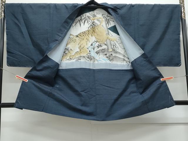 平和屋着物●男性 紬 アンサンブル 色無地 濃藍色 正絹 逸品 未使用 CAAY9598th
