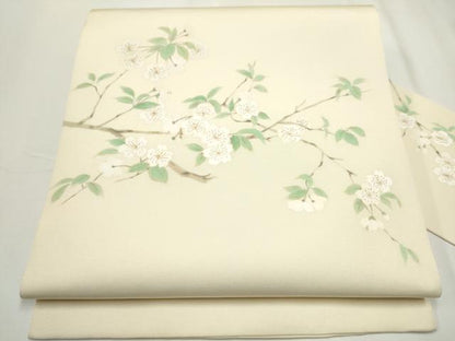 平和屋着物●塩瀬　九寸名古屋帯　手描き　枝垂れ桜文　金彩　正絹　逸品　CAAY9606hy