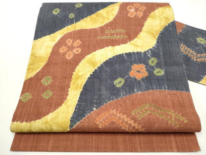 平和屋着物●九寸名古屋帯　紬地　絞り　舞花文　正絹　逸品　CAAY9614hy