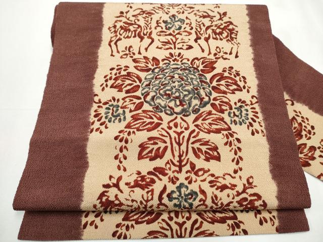 ⑥⑦⑥京都 多ち花 摺型友禅 縮緬 全通柄 名古屋帯 正絹 未使用品 miyagawa-kimono_sb54241