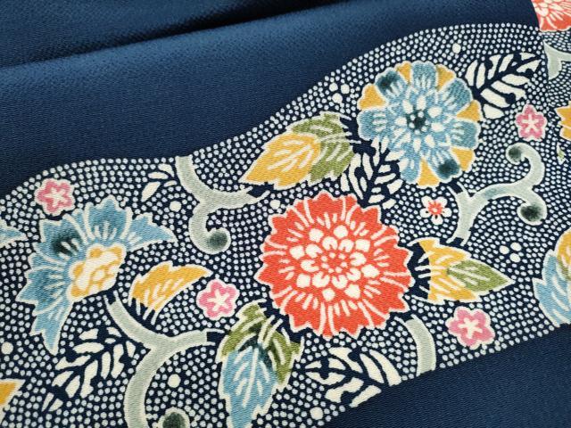 平和屋着物●九寸名古屋帯 型染め 作家物 草木手染 更紗花唐草文 鬼しぼ縮緬 正絹 逸品 CAAY9636hy