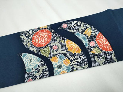 平和屋着物●九寸名古屋帯 型染め 作家物 草木手染 更紗花唐草文 鬼しぼ縮緬 正絹 逸品 CAAY9636hy